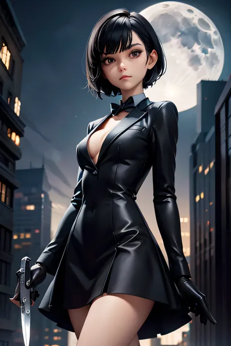 Short black hair, alice dress, black gloves, knife in hand, very small breasts, ((closed suit)), buildings background, evening, Moonlight