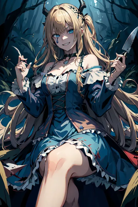 Best quality, 4K,Masterpiece, Extremely detailed, 8K, High detail, Sharp focus, 1girl, Solo, Alice in wonderland, long blonde hair, Detailed eyes, choker, long coat, dutch angle, Smile, Gesugao, (Evil smile:1.1), Sharp teeth, (Crazy blue eyes:1.2), Yandere...