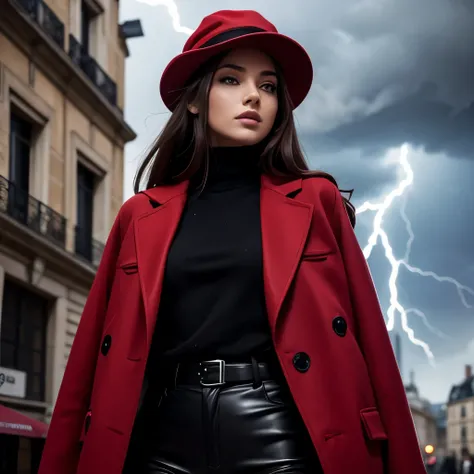 (realistic:0.2), anime illustration, 1girl,, red coat, big red hat, in paris france, sfw, black pants, black office shirt,, carmen sandiego,, blue sky,, long hair,, dramatic lightning, lights, epic lights, light on face, backlit, face light, lit face, fill...