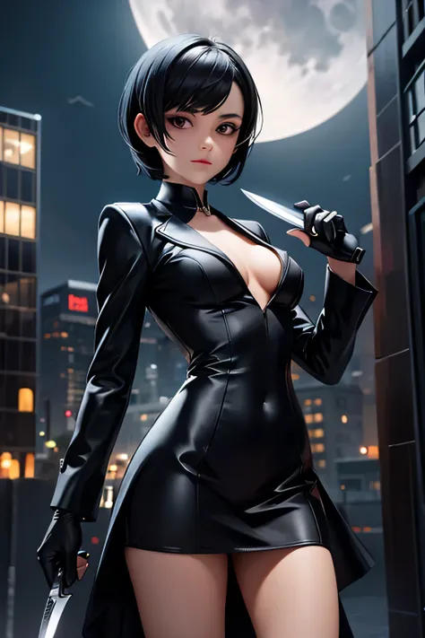 Short black hair, bell dress, black gloves, knife in hand, very small breasts, ((closed suit)), buildings background, evening, Moonlight