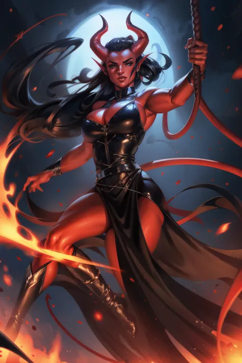 Red skin succubus tiefling, medium breasts, black horns, wings, huge tail, black leather, long flowing pelvic curtain, tall, toned, graceful, thin, long black ponytail. Action scene, whip. Dark scene, explosions, night sky.