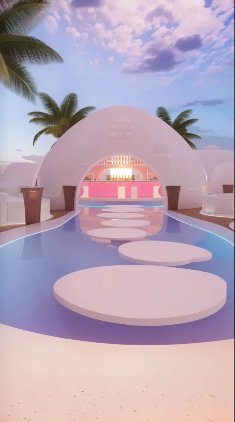 (masterpiece, best quality, high quality, Extremely detailed CG Unity 8K wallpaper, Realistic photos, Depth of Field), A bar with a white dome, In a futuristic desert palace, Kawaii HD Rendering, Karim Rashid, Inspired by Joao Artur da Silva, take, Vaporwa...