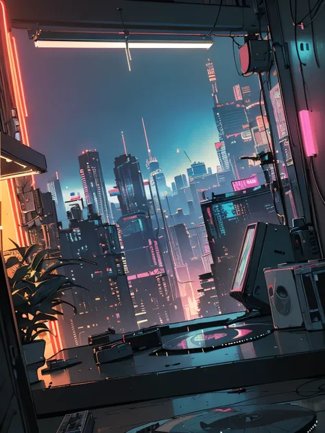 Superior quality, masterpiece, unity 8k wallpaper, Depth of written boundary, Super detailed,High resolution, (((unmanned))), (((Record Store))), Nostalgia, Panorama, Long Shot, (((Records on the shelf.))),  (((Different angles))),(((plant))), (((Cyberpunk...