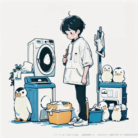 white background only、perfect one penguin、(((the perfect washing machine)))、highest quality、1 boy、laundry basket