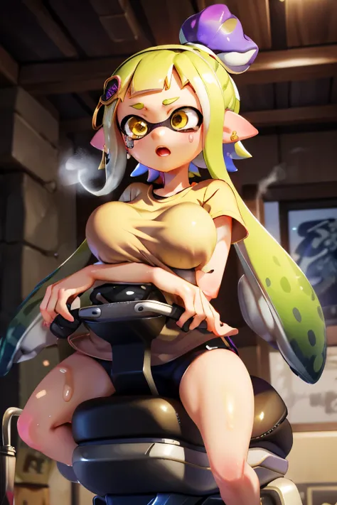 Riding machine, One Splatoon girl, alone, gigantic breast, Golden Eyes、Sweat, tears,trembling, Heavy breathing, Steaming body,  shirt、masterpiece、Highest quality、High resolution、Real Anime、3d、