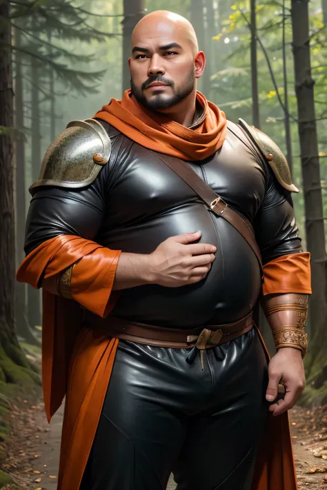 (8k, high definition, high quality, highly detailed) handsome bald asian daddy. chubby archer. big tummy. wearing leather armor....