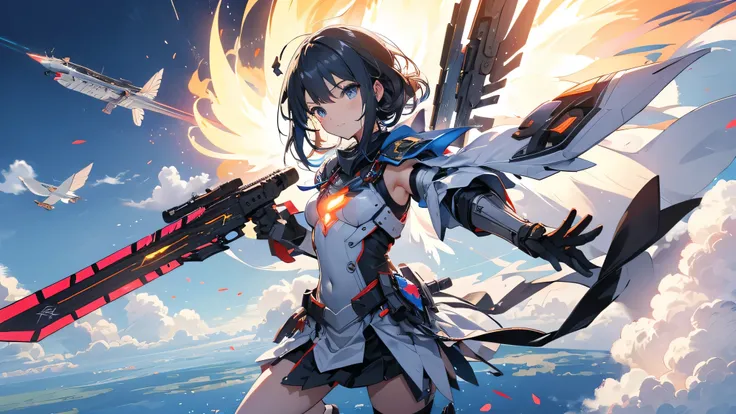 A weaponized winged girl flies through the sky、Holding a railgun