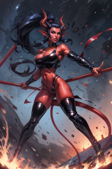 Red skin succubus tiefling, large breasts, black horns, wings, huge tail, black leather, crop top, thong, tall, toned, graceful, thin, long black ponytail. Action scene, whip. Dark scene, explosions, night sky.