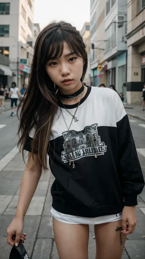 A 16-year-old Korean girl with a piercing in her mouth, bangss, black hair and blonde highlights with a skater and hip hop style 