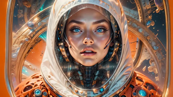 arafed image of a white woman in a futuristic suit with a spaceship in the background, movie art, in front of an orange background, inspired by Robert McGinnis, female protagonist, megastructure in the background, portrait of an ai astronaut, astronauts, a...