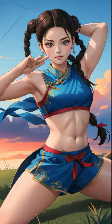 Paichan, Twin braids with blue ribbon, Brown eyes, Double Bang,Black Hair, alone , Tai Chi stance, close,
disappointing,Bikini、Kung Fu Pose、High Kick、
 blue sky, cloudy, evening, grassland, 
(Very detailed, Beautifully detailed face, masterpiece, Highest q...