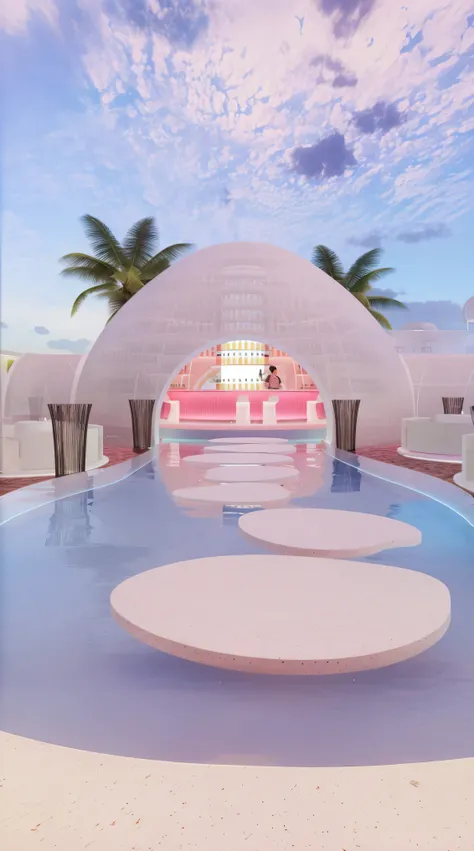 (masterpiece, best quality, high quality, Extremely detailed CG Unity 8K wallpaper, Realistic photos, Depth of Field), A bar with a white dome, In a futuristic desert palace, Kawaii HD Rendering, Karim Rashid, Inspired by Joao Artur da Silva, take, Vaporwa...