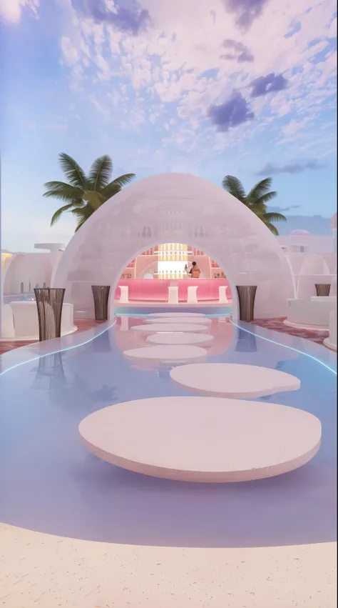 (masterpiece, best quality, high quality, Extremely detailed CG Unity 8K wallpaper, Realistic photos, Depth of Field), A bar with a white dome, In a futuristic desert palace, Kawaii HD Rendering, Karim Rashid, Inspired by Joao Artur da Silva, take, Vaporwa...