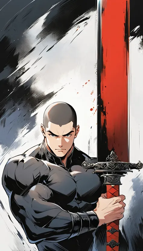 Chinese swordsman，Male swordsman，muscular，Short curly hair，Buzz Cut，Cover your eyes with a black cloth，Explosive muscles，Black spandex tights，Handsome，perfect pupils，Simple lines，Abstract Art，Holding a red long sword，