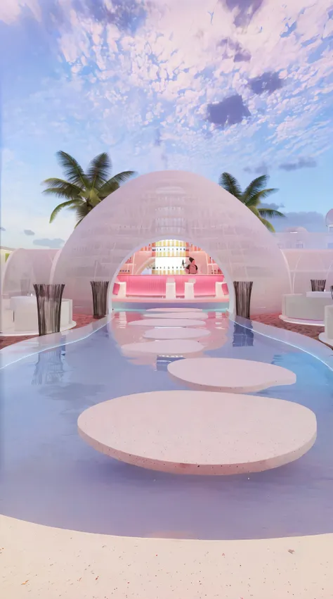 (masterpiece, best quality, high quality, Extremely detailed CG Unity 8K wallpaper, Realistic photos, Depth of Field), A bar with a white dome, In a futuristic desert palace, Kawaii HD Rendering, Karim Rashid, Inspired by Joao Artur da Silva, take, Vaporwa...