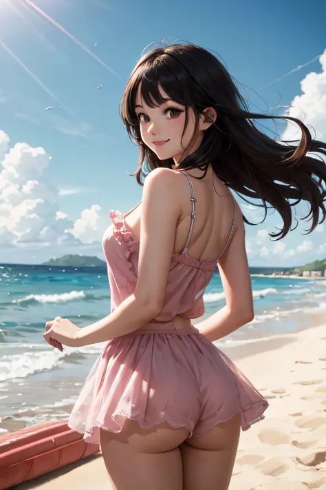 very cute and beautiful girl,(highly detailed beautiful face and eyes),pink camisole,cute ruffle petticoat, (smile:1.2),happy,(looking back,from behind),looking at viewer,(leaning forward),black hair,cowboy shot,detailed legs,beach,tropical resort, (best q...