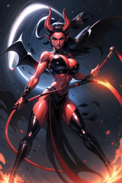 Red skin succubus tiefling, medium breasts, black horns, wings, huge tail, black leather, crop top, long flowing pelvic curtain, tall, toned, graceful, thin, long black ponytail. Action scene, whip. Dark scene, explosions, night sky.