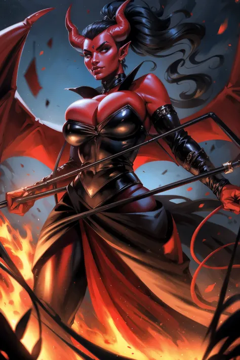 Red skin succubus tiefling, medium breasts, black horns, wings, huge tail, black leather, tall, toned, graceful, thin, long black ponytail. Action scene, whip. Dark scene, explosions, night sky.