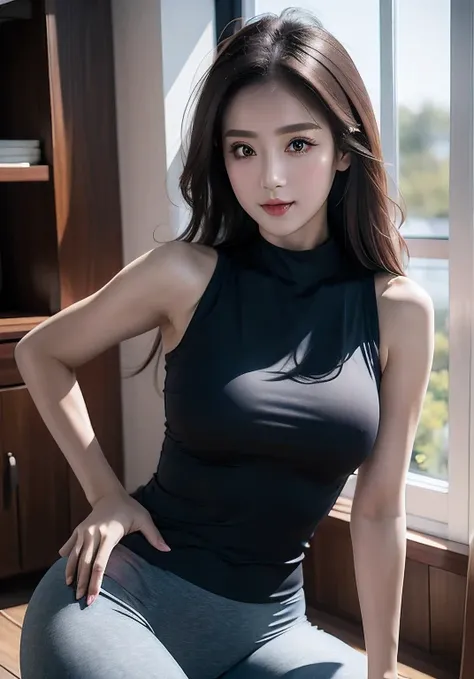 (masterpiece, best quality，High resolution, Super Detail：1.2), 1 Girl, Solitary,Wear a tight vest。Yoga Pants，Shining eyes，Seductive eyes，Beautiful posture，Charming smile，Natural and soft light