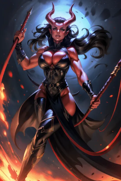 Red skin succubus tiefling, medium breasts, black horns, wings, huge tail, black leather, long flowing pelvic curtain, tall, toned, graceful, thin, long black ponytail. Action scene, whip. Dark scene, explosions, night sky.