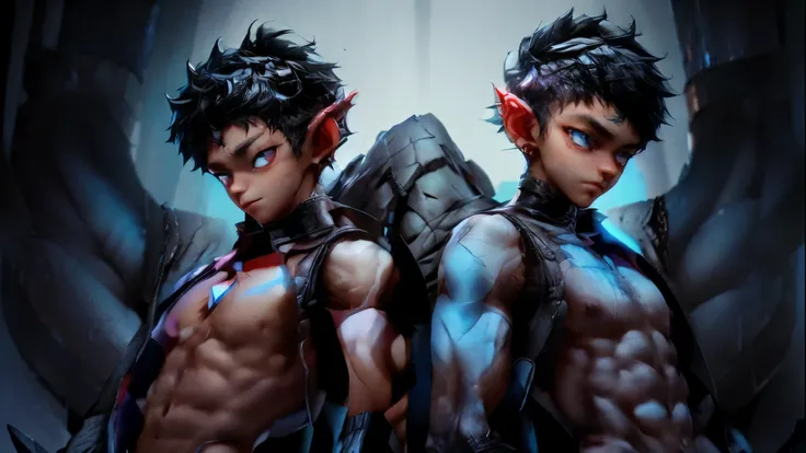 2boy demons, incubus , romantic seductive glare,young looking skinny toned, horns on head, black hair, (Powder blue skin), abs, cute, Small Red/Black Lace Thong), multiple boys, (Full Body), expressive, 8k perfect face, perfect body,