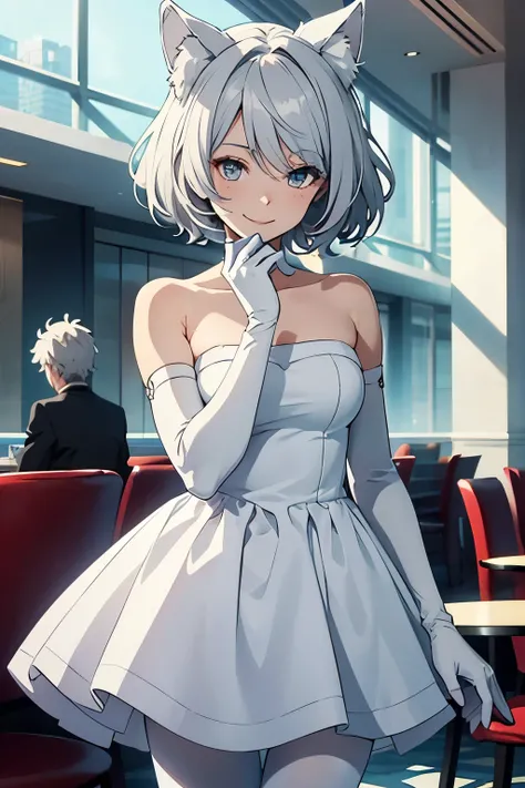 Tabletop　 Best image quality　wonderful　Attention to detail　One Young Woman（（Adult））Anime Style　whole body　White short dress（No sleeve）（Strapless）（slit）　White long gloves（Elbow Gloves）　White Pantyhose（Plain）　White wolf ears　short hair（（Shortcuts）（Gray Hair）...