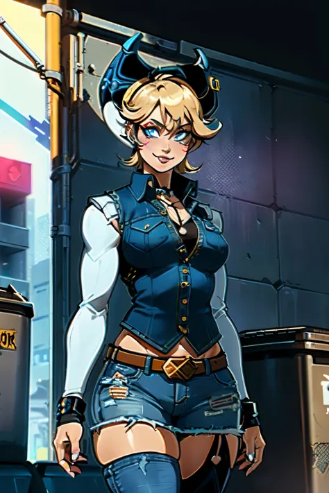 1 girl, (alone:1.2), (stand:1.3), (Interaction:1.3), (Cowboy Shot:1.5), smile, be happy, relaxed, (Masterpiece:1.3), (best quality:1.3), (perfect anatomy:1.4), Highly detailed, robot 18, earring, Denim, belt, blonde hair, blue eyes, short hair, decorations...