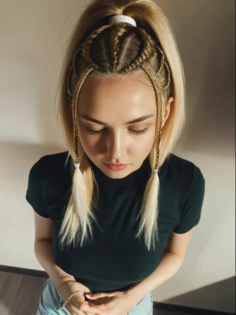 Top view. close up portrait of a Beautiful Russian woman with blonde hair. short braids, short hair, blue T-shirt. Pale skin. hair with braids. [The character is surrounded by mist, evoking a mysterious and eerie atmosphere. The lighting is dark and atmosp...