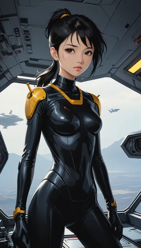 1 girl、medium bust、solo、black hair、ponytail、mobile race suit、shoulder armor、ceiling、wide shot、looking ahead、profound、cockpit、clo...