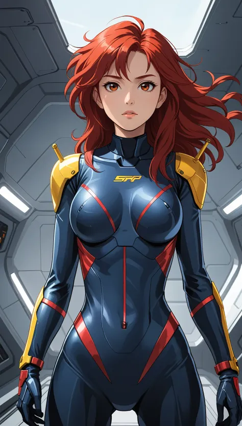 1 Girl、Medium Bust、solo、Red Hair、Long Hair、Mobile Race Suit、Shoulder Armor、ceiling、Wide Shot、Looking Ahead、profound、Fighting Pose、Closed Mouth、Highest quality、medium quality、22 years old、Asian、Mobile Trace System、cockpit、