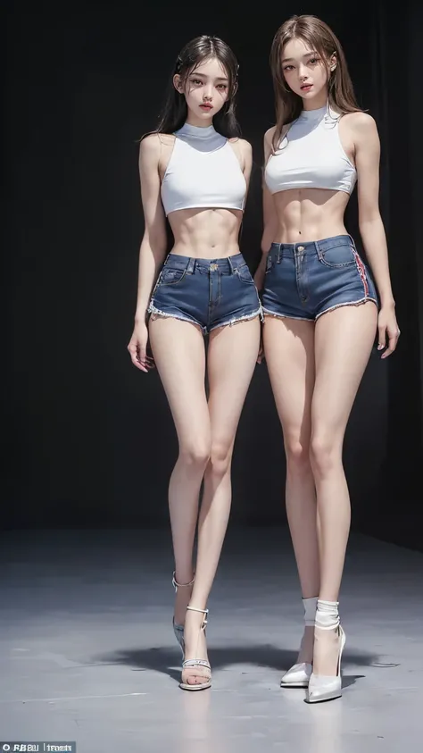 (8K、Raw photo、最high quality、masterpiece:1.5),(((((((Both of them stand with their legs apart:1.9))))))),(((((Both of them have an inseam that is more than half their height.:1.8))))),((Both have bare legs:1.6)),((Both of them are super slim:1.4)),(((((Two ...