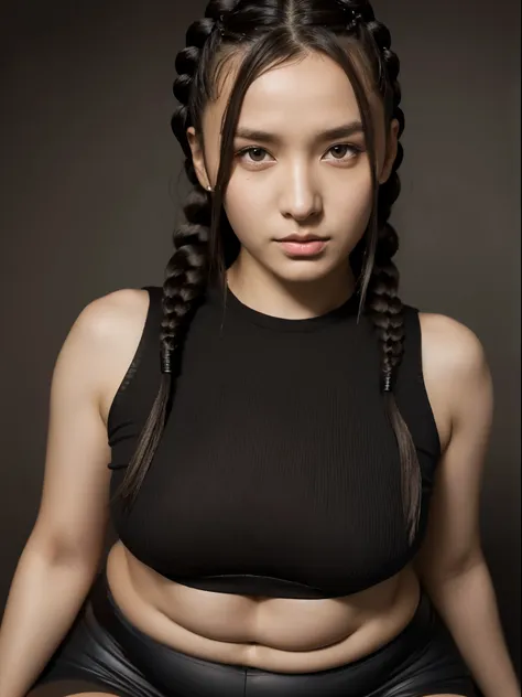 Beautiful woman with curvy figure, wet body, very detailed face and skin texture, Runner athlete, detailed eyes, LEGGINGS HOSEN, Dutt-Haar, braids,  Little messy hair, large chest, bubble butt, sitting alone on the bench, high resolution, photorealestic