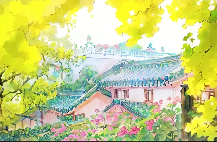 There is a building with a green roof and a pink garden, Chinese, Beautiful images, Queen&#39;s Revolving Gardens, Chinese Architecture, Watch from below, Botanical Gardens, In line with Chinese aesthetics, Towards beautiful, Hangzhou, View from below, ext...