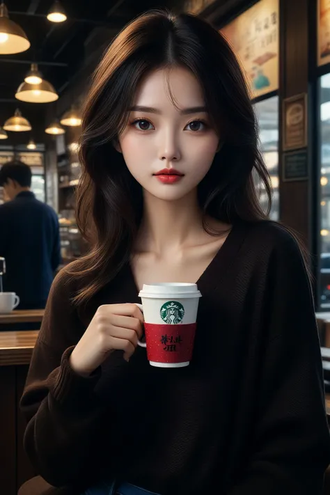 the best质量,masterpiece,Ultra-high resolution,1 Girl,Coffee Shop,Unique,Iconic,beautiful,Lovely,perfect,detailed,Innocent,elegant,complex,the best,Light,saturated colors,artistic,Clear focus,color,work,dramatic,full,crisp,Extremely detailed,professional,Mov...