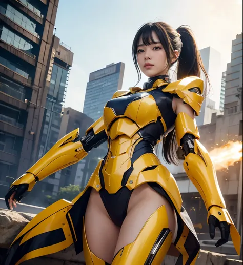 Textured skin, Super detailed, Attention to detail, high quality, 最high quality, High resolution, 1080P, , beautiful,(Super Heroine),Missile Guide,beautifulサイボーグ女性,Mecha Cyborg Girl,Battle Mode,Yellow Mecha Body Girl,She&#39;s a combat cyborg with weapons、...