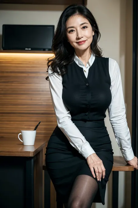 (masterpiece:1.4),(60-year-old woman:1.5),(Facial wrinkles : 1.2),A kind smile,Wavy Hair, maternal, Mature Woman, sitting, office worker, (smooth fabric), black vest, black pencil skirt, white long sleeve shirt, black nylon tights, indoor modern office, de...