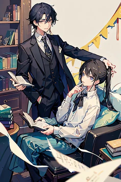 25歳くらいのmaleの人、Her waist-length black hair is tied back、Wearing a black suit、Eye color is a calm blue、The background is a room with many books、I have a book in my hand、male、male性