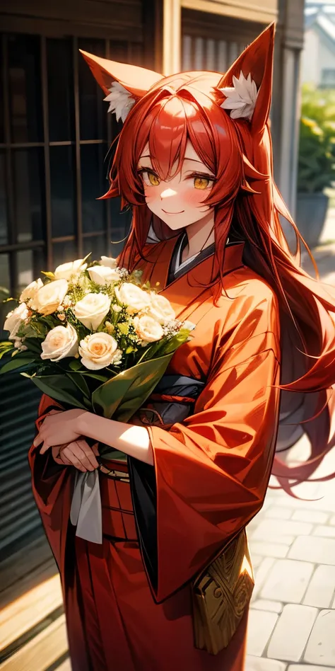 Girl I have long red hair, amber eyes, fox ears. Red kimono, mature body, holding a bouquet of flowers in his hands, blush, smile, outside, around the house