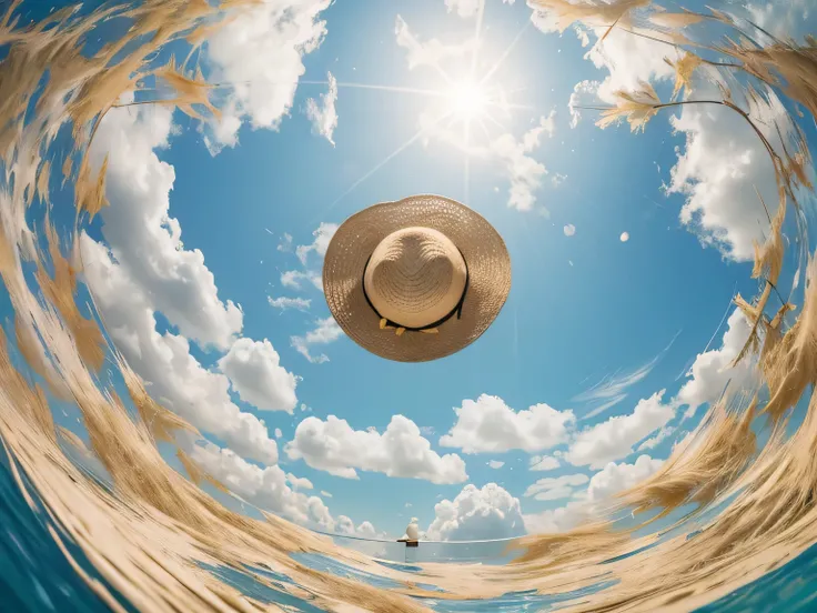 (Straw hat fluttering in the wind:1.3),blue sky, (Angle from below:1.3), Smooth, Highly detailed CG composite 8K wallpaper, High-resolution RAW color photos, Professional photography, Light, BackLight, dream-like, impressive, Written boundary depth