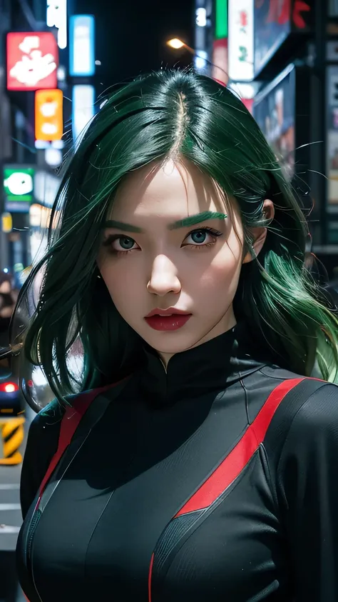 spider-woman, black suit, dangerous, beautiful eyes, green hair, half body, masterpiece, ultra high details, Tokyo city 