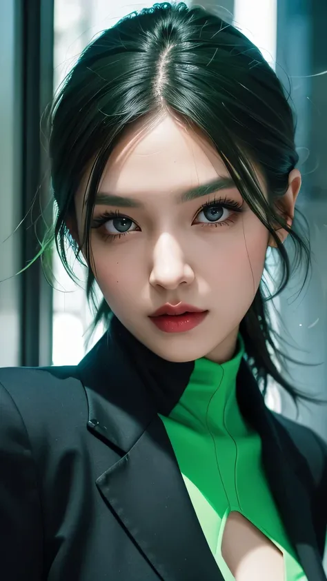 spider-woman, black suit, dangerous, beautiful eyes, green hair, half body, masterpiece, ultra high details, Tokyo city 