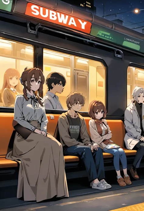 Manga cover style, detailed. best quality, art, detailed face, in the style of lora marvin. a subway, with passengers all sitting and waiting at night