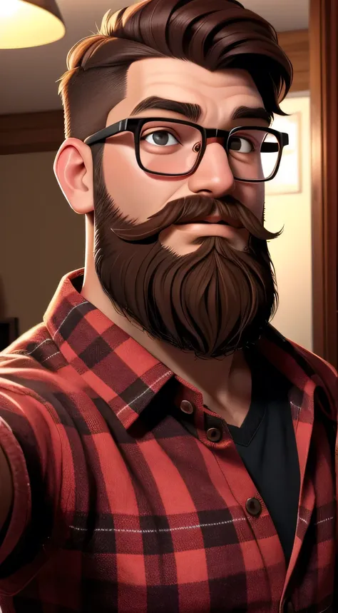 only face young man with beard, well-groomed short beard, red lumberjack shirt, round glasses without frame, selfie