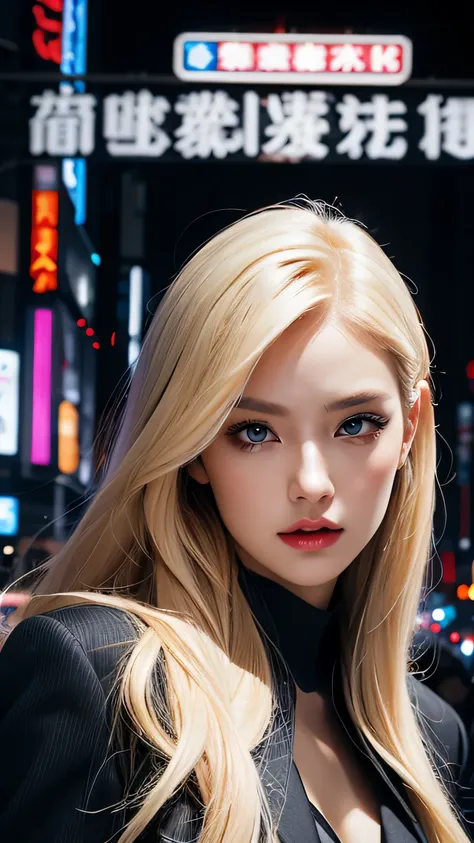 spider-woman, black suit, dangerous, beautiful eyes, blonde hair, half body, masterpiece, ultra high details, Tokyo city 