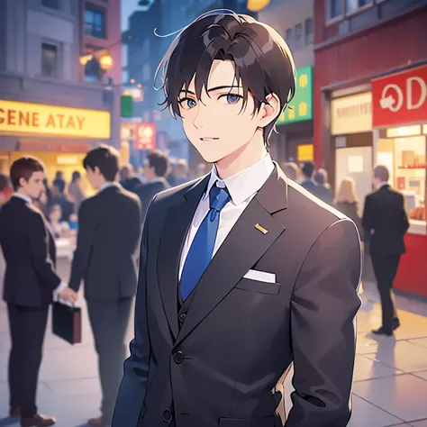 side angle, upper body, shiny skin、masterpiece、Highest quality、(25-year-old male:1.5) and (Brown short hair) and (Green Eyes), (Wearing a suit:1.3) and (Blue tie)、Are standing、smile、open mouth, The background is a shopping street at night、(Alone:1.5)、