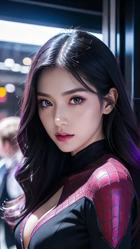 spider-woman, black suit, dangerous, beautiful eyes, violet hair, half body, masterpiece, ultra high details, Tokyo city 