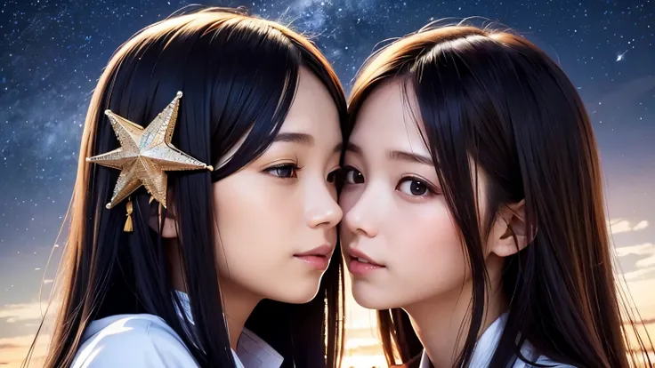 Tanabata, Orihime and Hikoboshi, twinkling stars, Milky Way, black hair, Orihime has long hair, Hikoboshi has short hair, they hold each others hands and look at each other, masterpiece, top quality, ultra detailed, ultra fine detail, 4K, 8K, ((clearly dra...