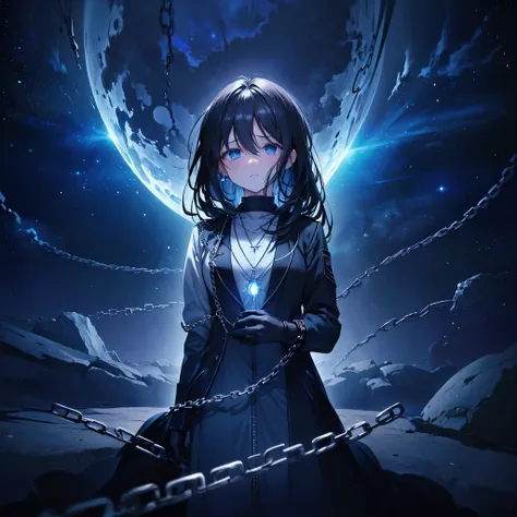 (((pulled by chains)))　((high resolution　black hair　long hair　dull blue eyes　uniform　lonely　despair))　((necklace　tears　gloves))　...