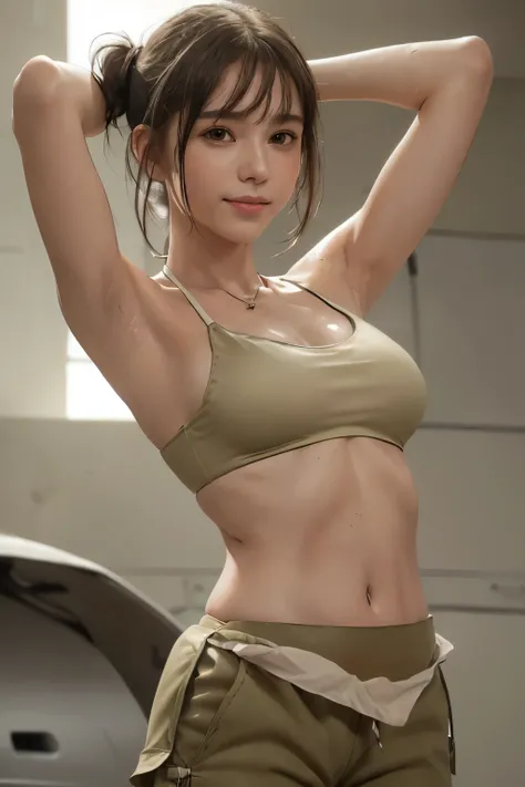 best quality, masterpiece, (realistic:1.2), 1girl, solo, upper body, (silhouette lighting:1.4), smiling, (wearing ivory bikini-top, khaki cargo pants:1.4), gloves, dog tag necklace, light brown ponytail hair with bangs, sweating a lot, wet skin, (arms behi...