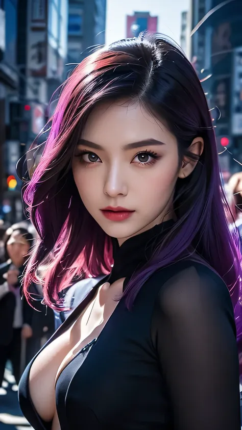 spider-woman, black suit, dangerous, beautiful eyes, violet hair, half body, masterpiece, ultra high details, Tokyo city 